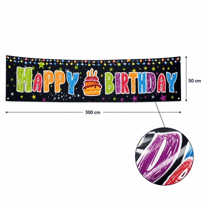 Banner aniversar cu imprimeu Happy Birthday colorat și steluțe