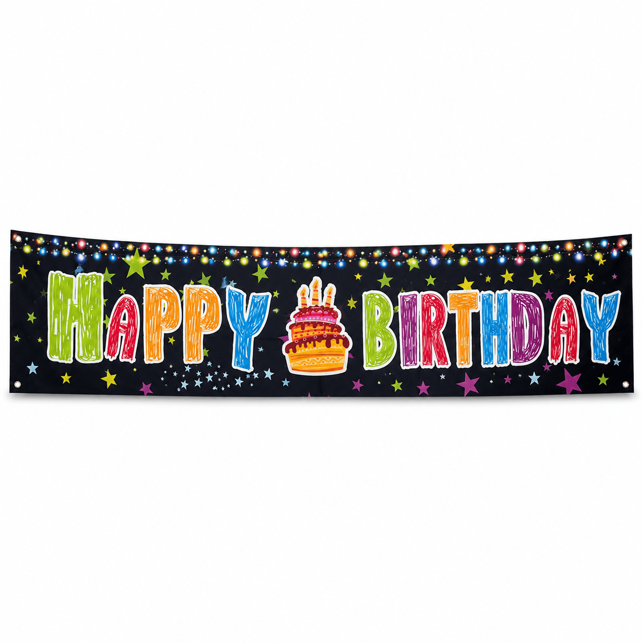 Banner aniversar cu imprimeu Happy Birthday colorat și steluțe