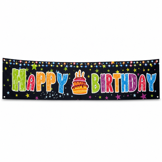 Banner aniversar cu imprimeu Happy Birthday colorat și steluțe