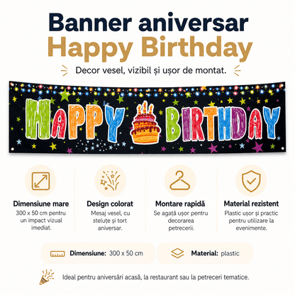 Banner aniversar cu imprimeu Happy Birthday colorat și steluțe