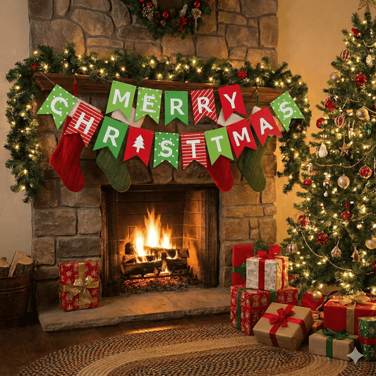 Banner Crăciun cu mesaj Merry Christmas - model 1 roșu și verde