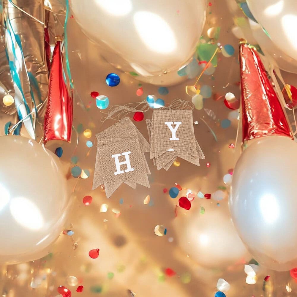 Banner iută Happy Birthday cu sfoară - kraft