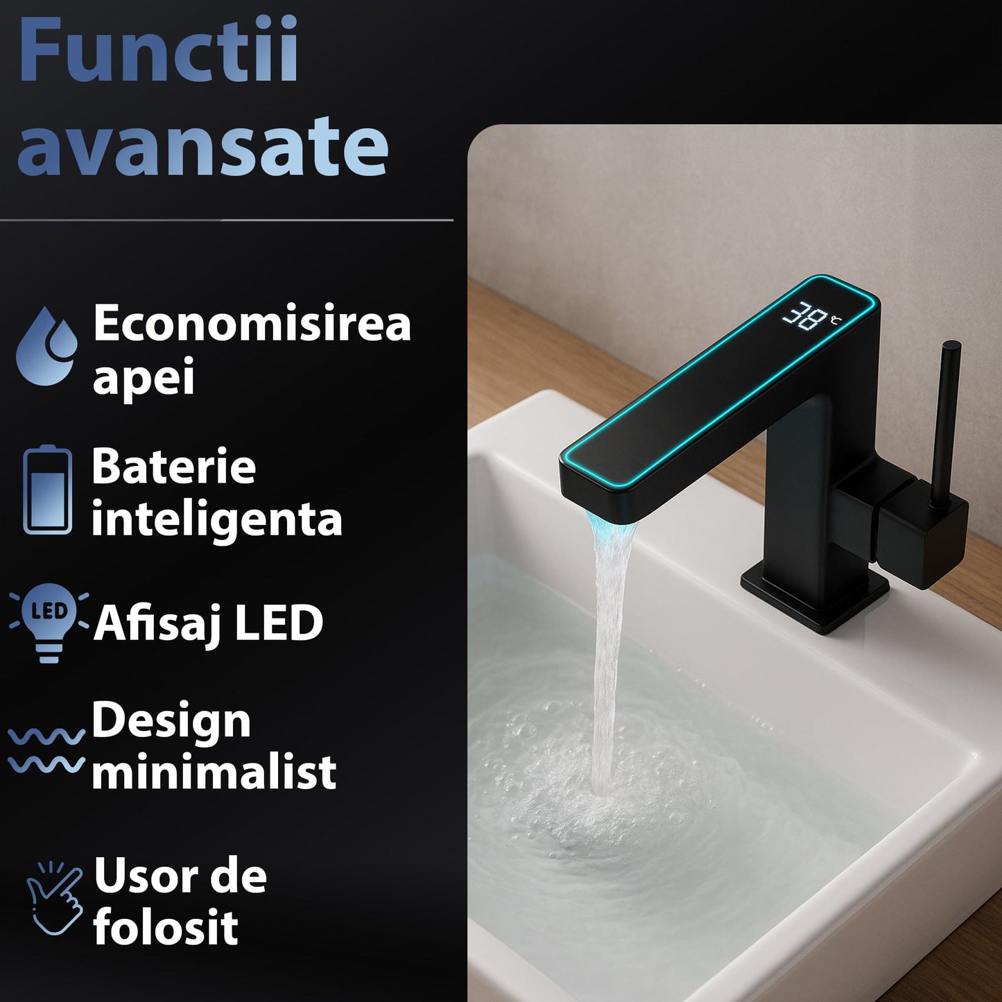 Baterie Lavoar cu Afisaj Digital LED Temperatura, Montaj Pe Blat, Monocomanda