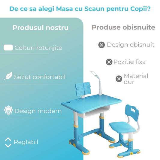 Set birou + scaun copii reglabil, 70cm, Inaltime ajustabila, Lampa LED, Albastru