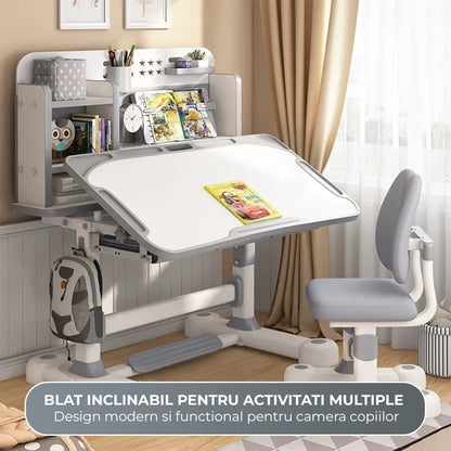 Birou Reglabil Copii cu Scaun Ergonomic Timebox, 45°, Suprafata Lavabila, Gri