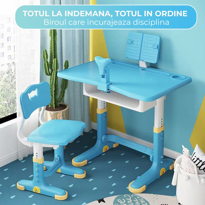 Set birou + scaun copii reglabil, 70cm, Inaltime ajustabila, Lampa LED, Albastru