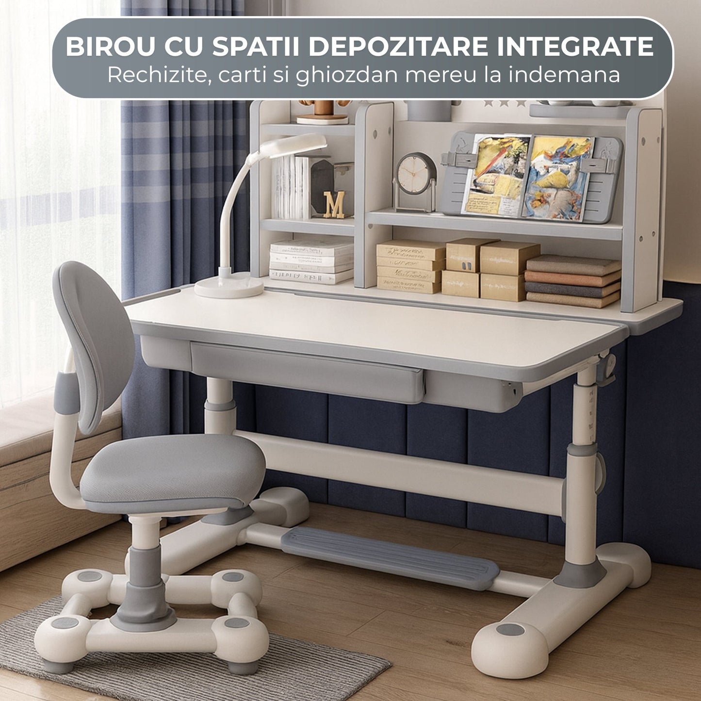 Birou Reglabil Copii cu Scaun Ergonomic Timebox, 45°, Suprafata Lavabila, Gri