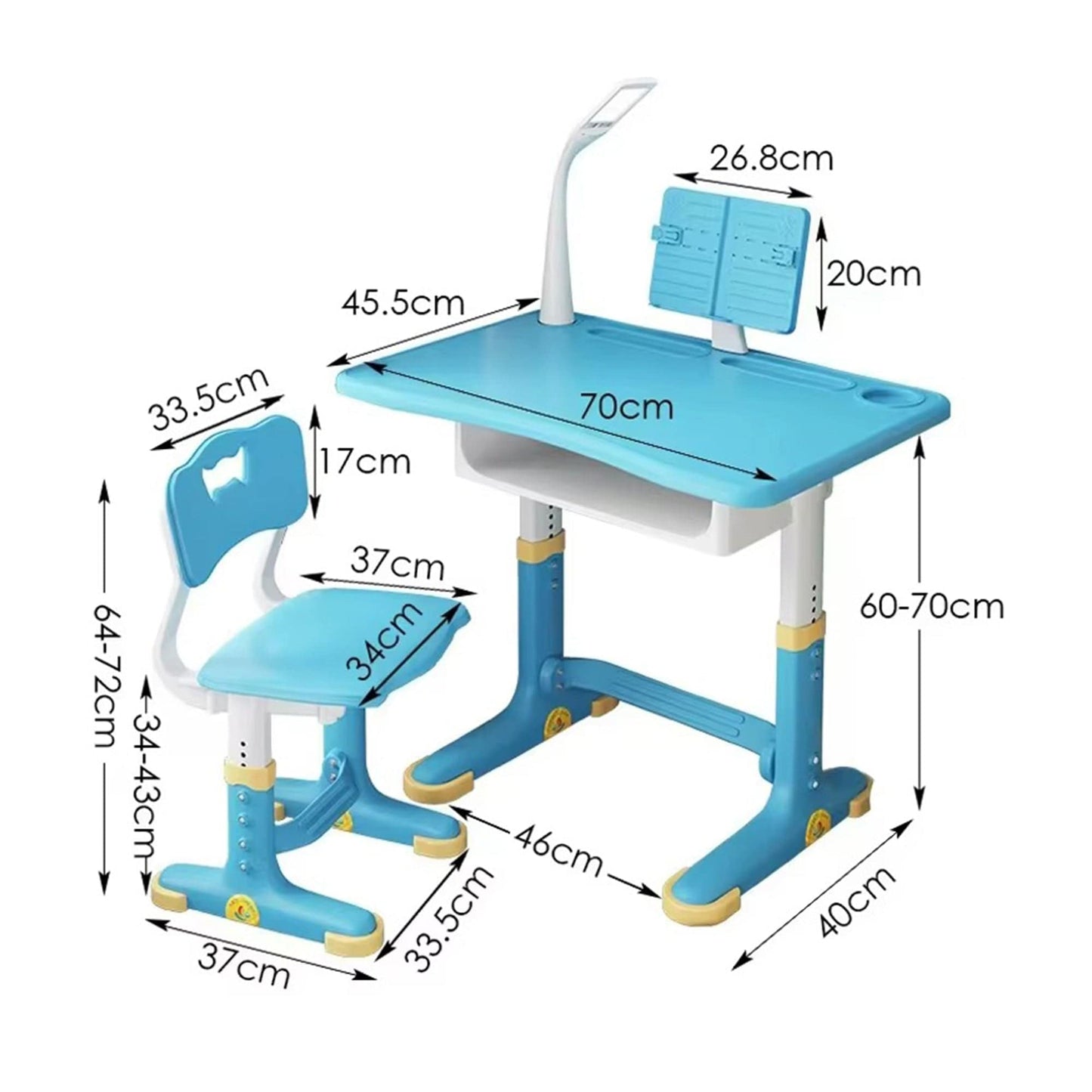 Set birou + scaun copii reglabil, 70cm, Inaltime ajustabila, Lampa LED, Albastru
