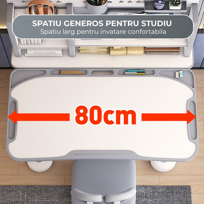 Birou Reglabil Copii cu Scaun Ergonomic Timebox, 45°, Suprafata Lavabila, Gri