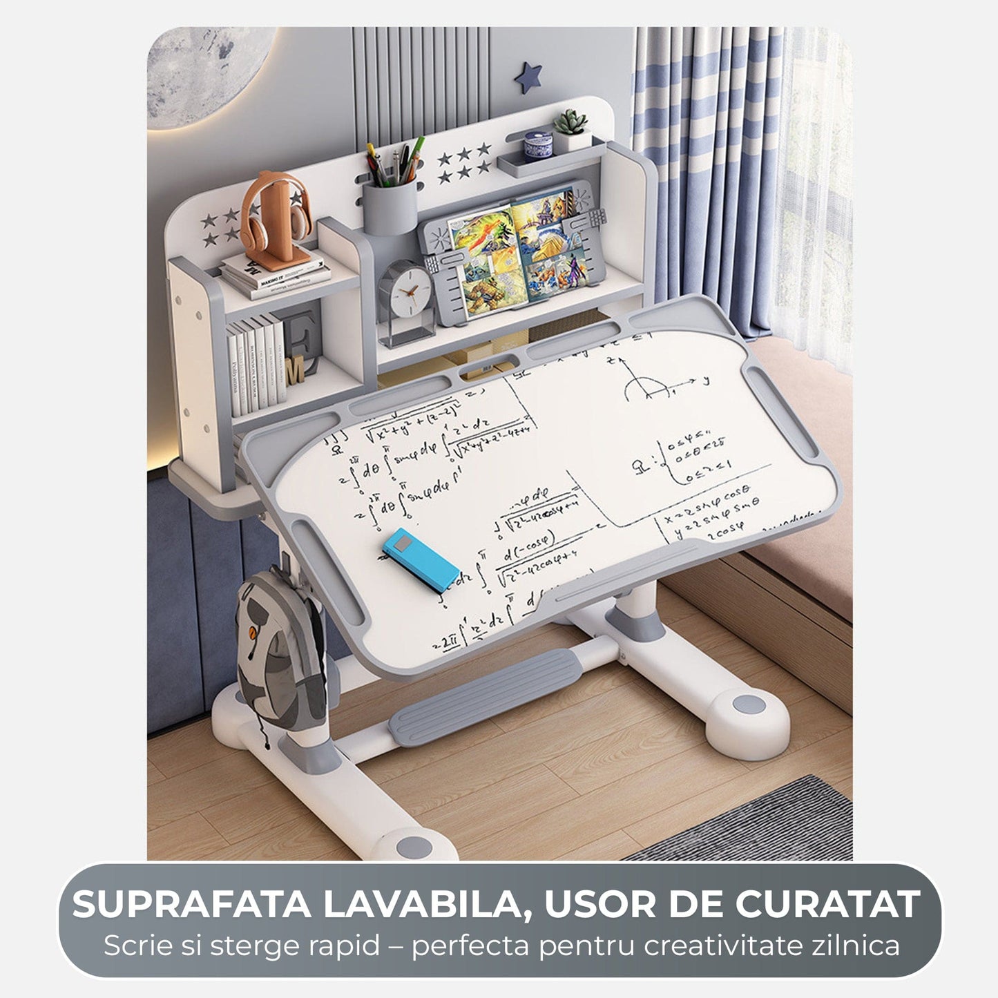 Birou Reglabil Copii cu Scaun Ergonomic Timebox, 45°, Suprafata Lavabila, Gri