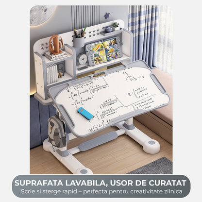 Birou Reglabil Copii cu Scaun Ergonomic Timebox, 45°, Suprafata Lavabila, Gri