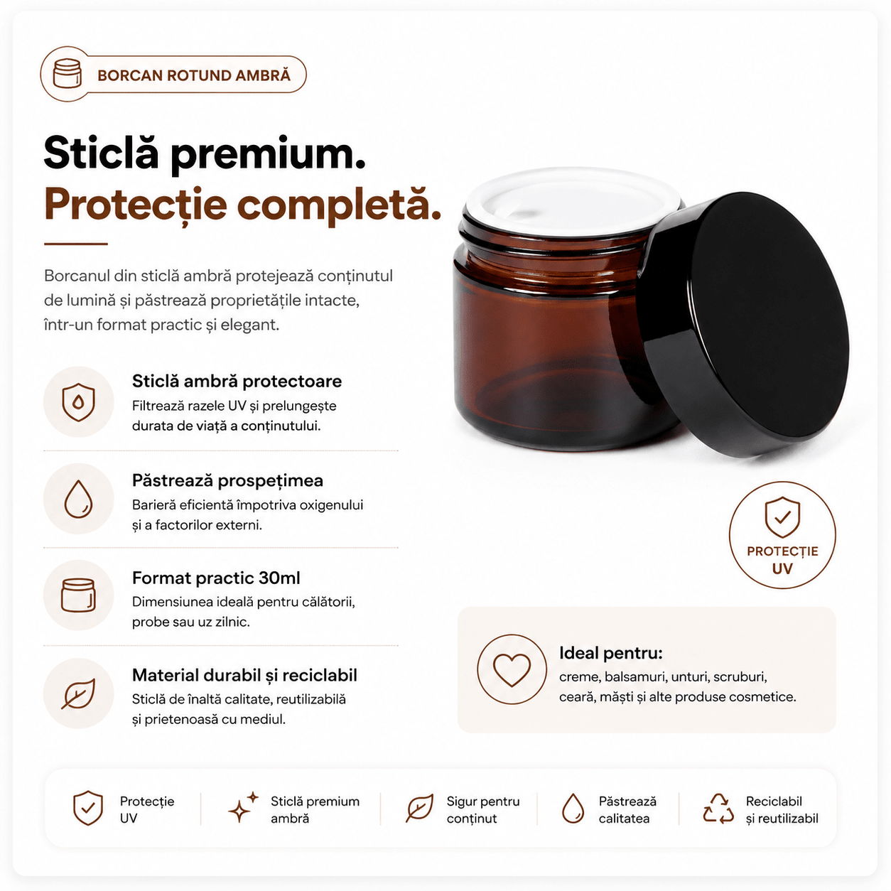 Borcan rotund ambră cu capac negru 30ml