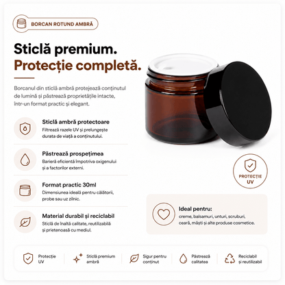 Borcan rotund ambră cu capac negru 30ml