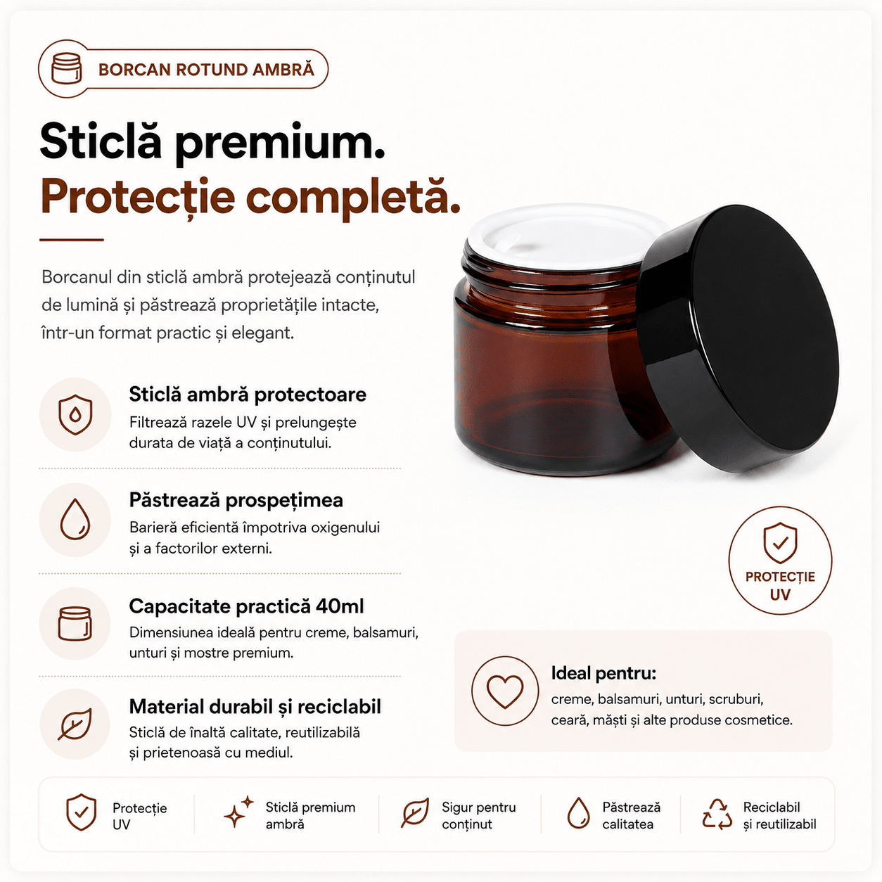 Borcan rotund ambră cu capac negru 40ml