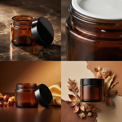 Borcan rotund ambră cu capac negru 30ml