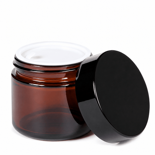Borcan rotund ambră cu capac negru 40ml