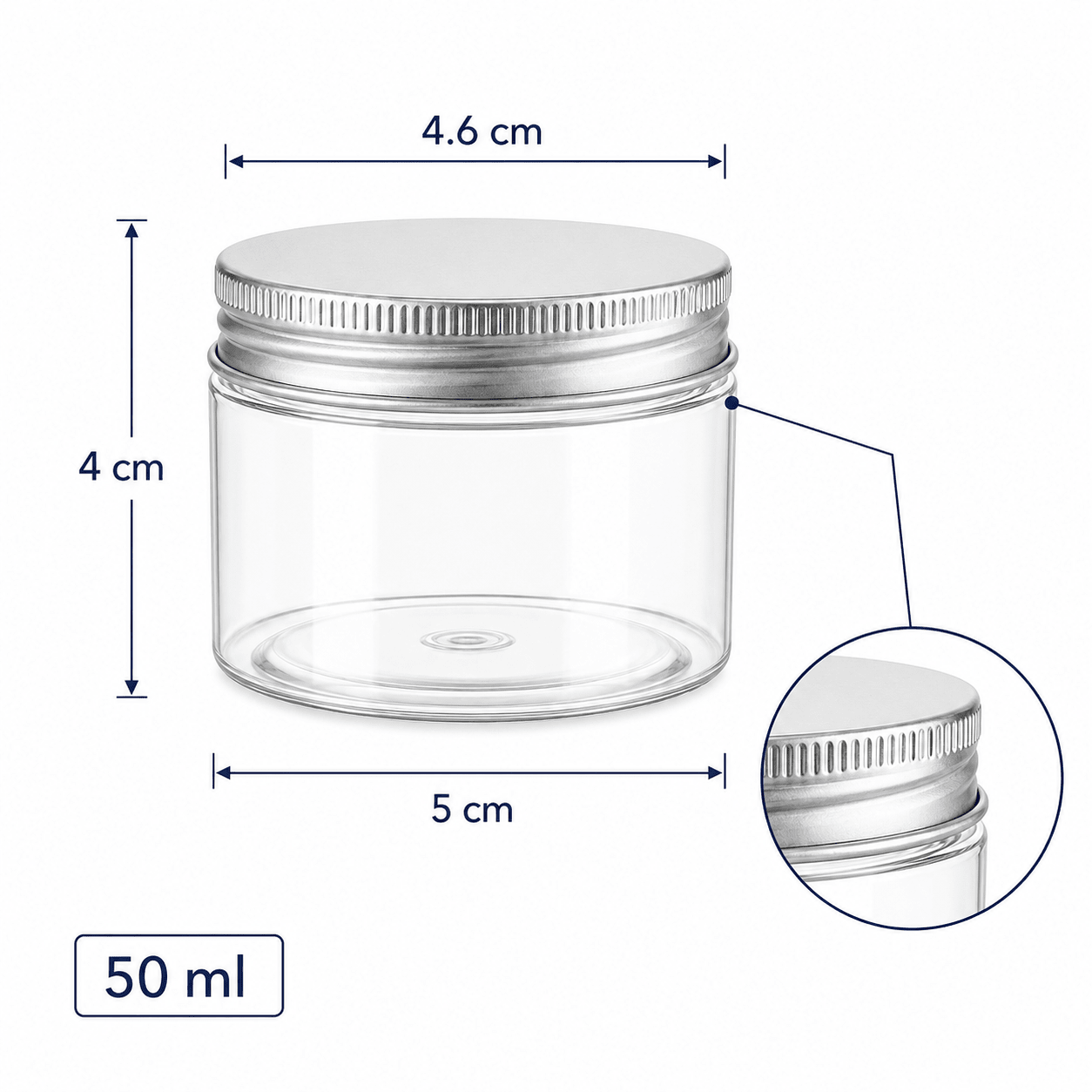 Borcan rotund transparent cu capac aluminiu