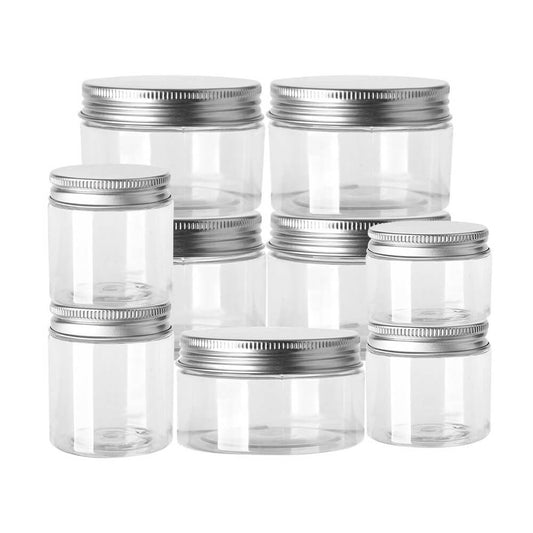 Borcan rotund transparent cu capac aluminiu