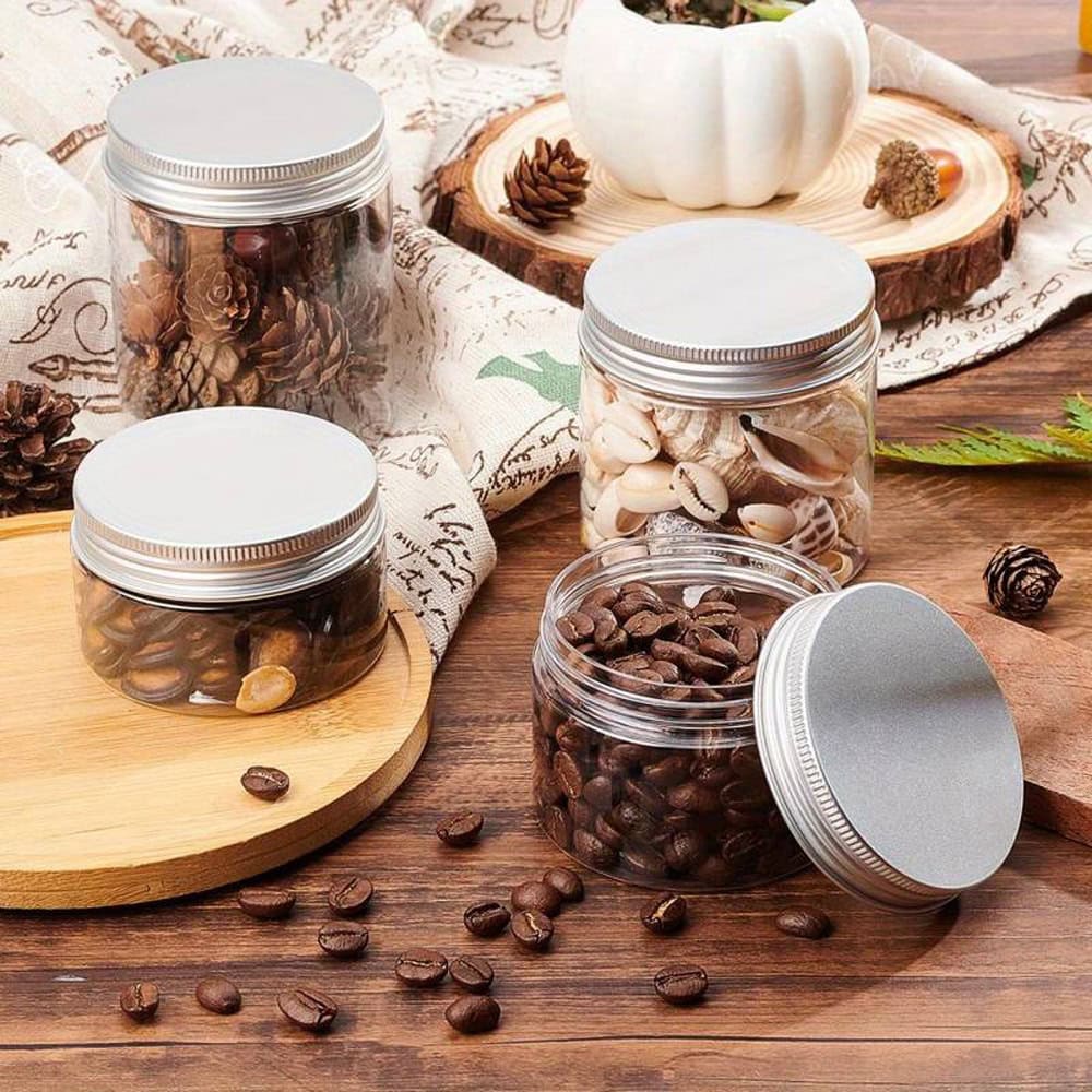 Borcan rotund transparent cu capac aluminiu