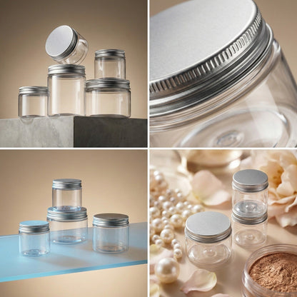 Borcan rotund transparent cu capac aluminiu
