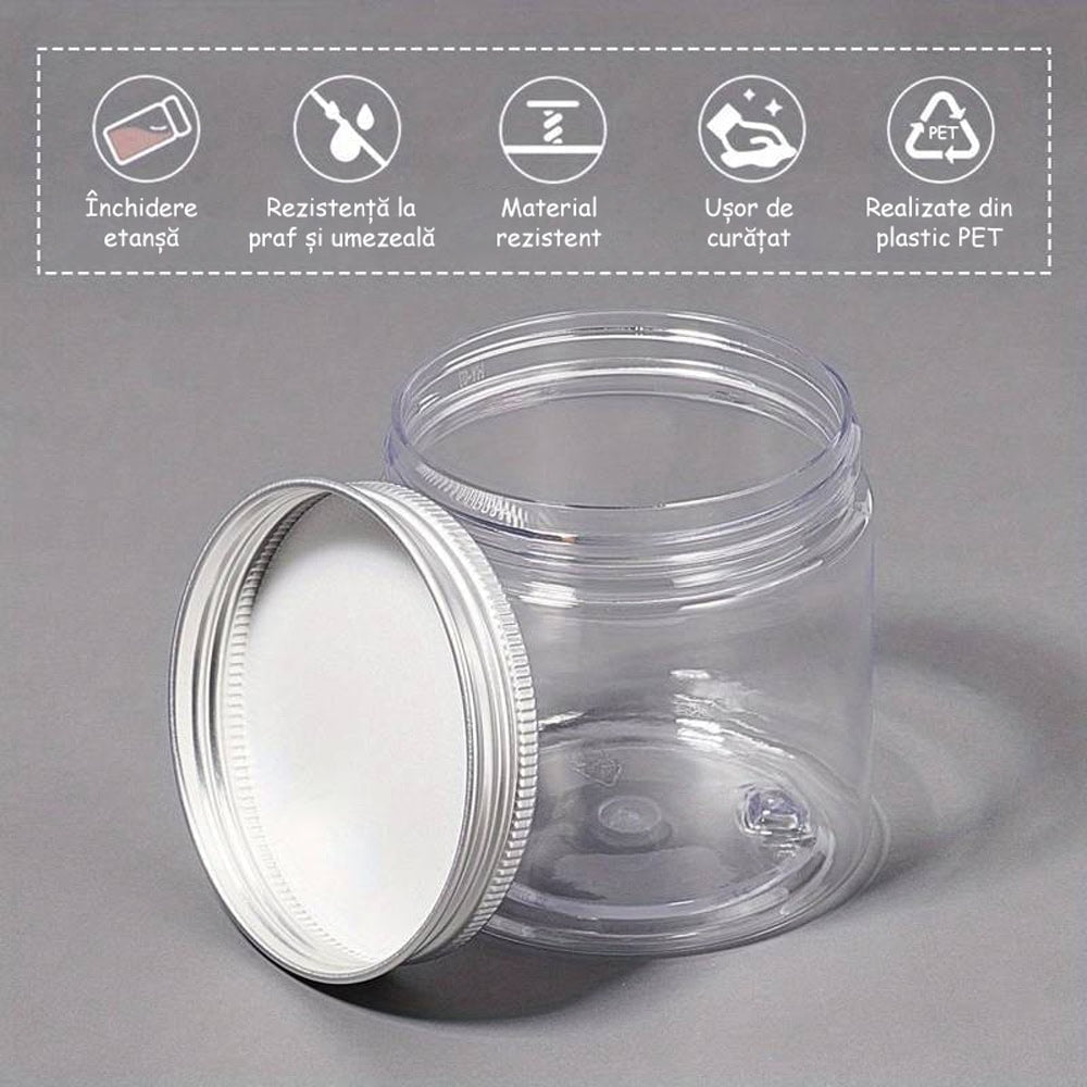 Borcan rotund transparent cu capac aluminiu