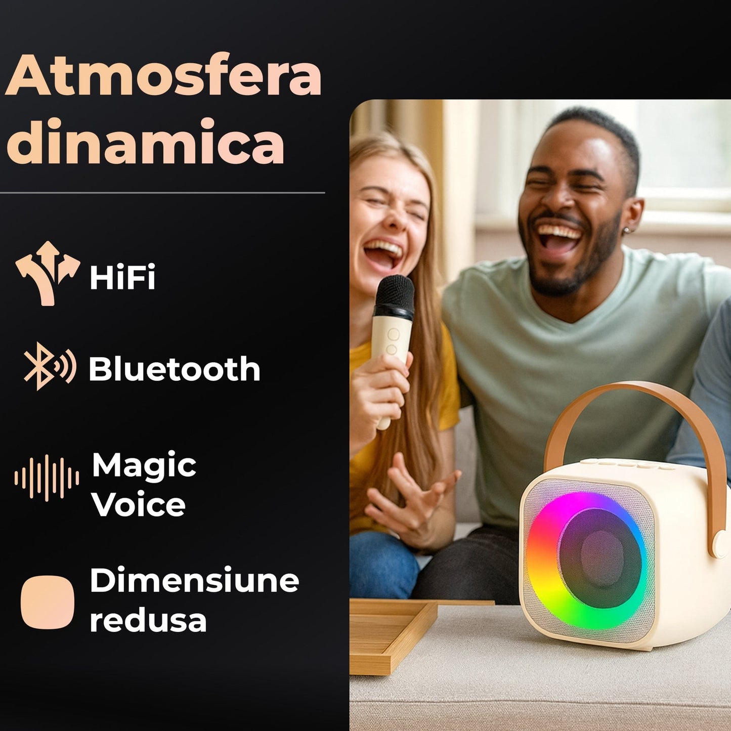 Set Boxa Bluetooth 5, 0 Karaoke Cu 2 Microfoane Wireless, Multi-Functionala, Bej