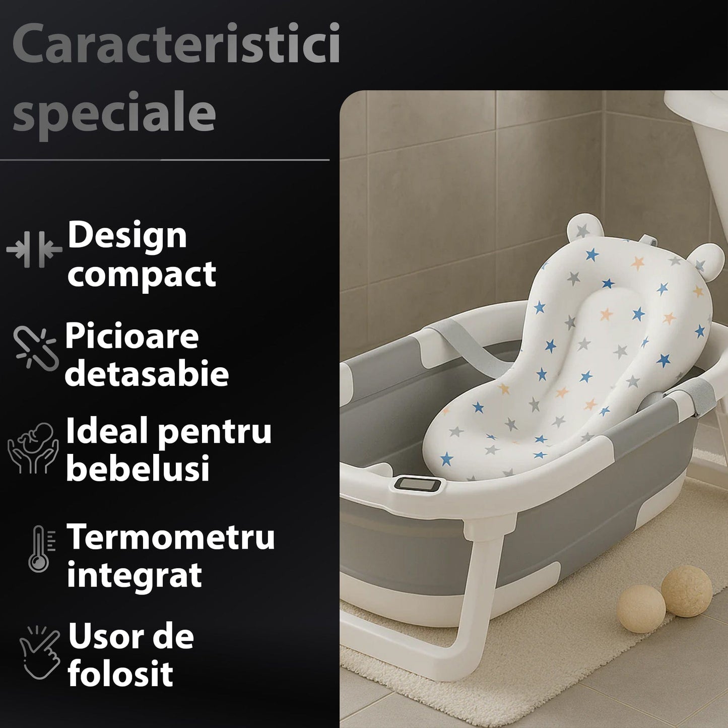 Cadita Bebe Pliabila cu Pernuta Moale si Termometru, Alb