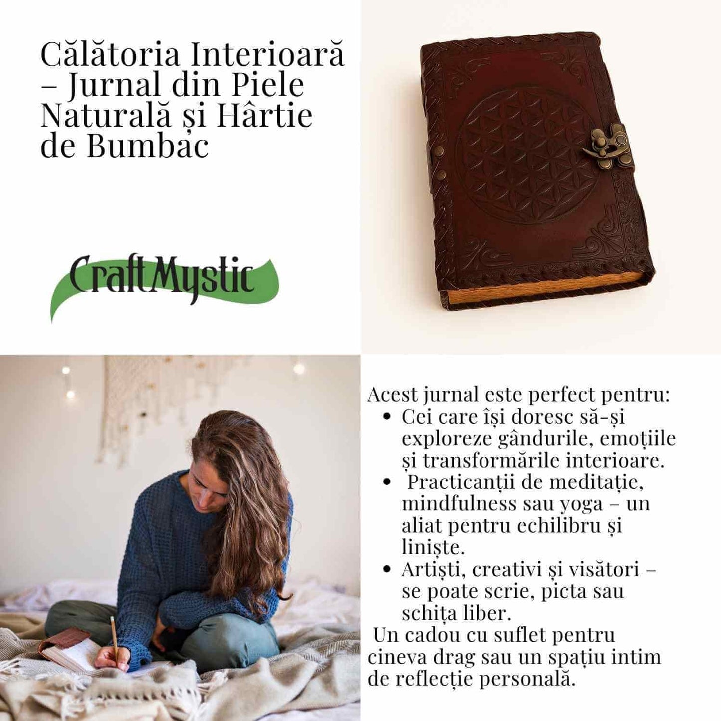 Calatoria interioara - Jurnal 20x15 cm din piele naturala cu pietre 7 chakre si hartie de bumbac