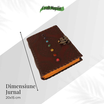 Calatoria interioara - Jurnal 20x15 cm din piele naturala cu pietre 7 chakre si hartie de bumbac
