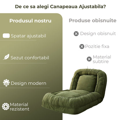 Canapea pliabila de podea 178 cm, Pliabil, Perna moale, Husa, Versatil, Verde