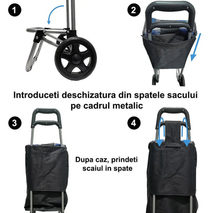 Carucior de piata pliabil, cadru din aluminiu, roti din silicon, Naimeed D4948, 6 roti, 49 L, Albastru