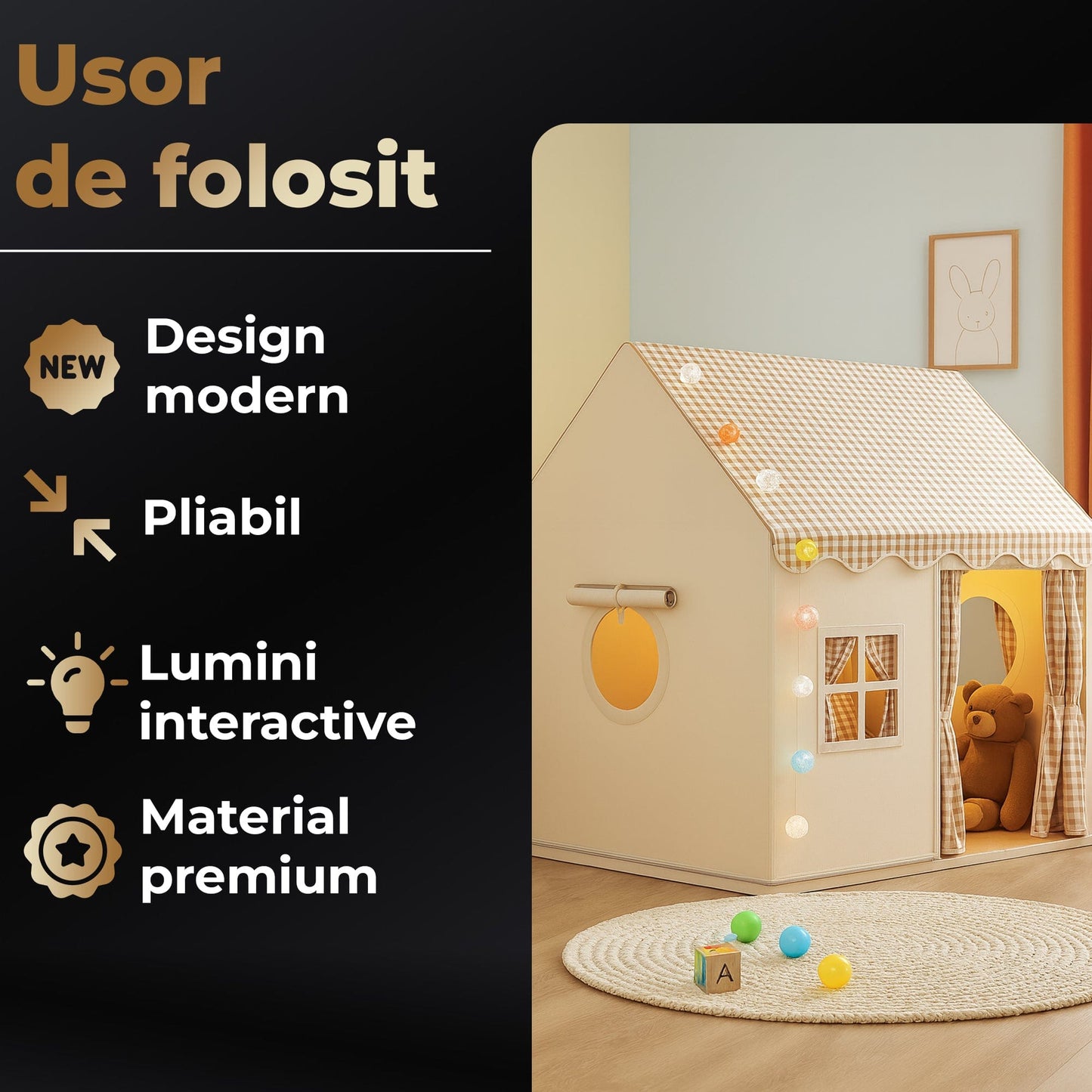 Casuta de Joaca pentru Copii, Cort Pliabil Tip Casa, Asamblare Rapida, Bej