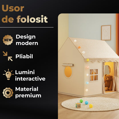 Casuta de Joaca pentru Copii, Cort Pliabil Tip Casa, Asamblare Rapida, Bej