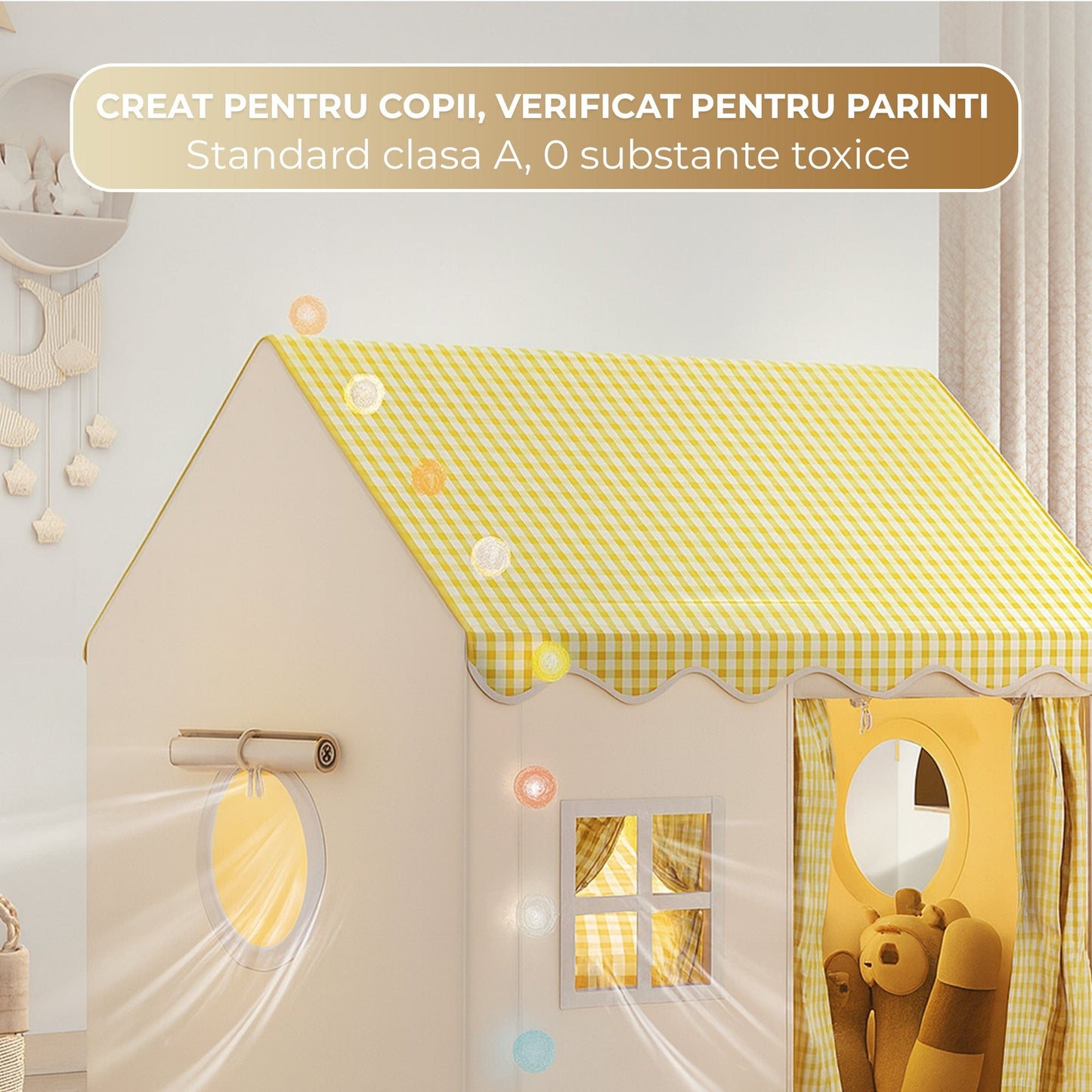 Casuta de Joaca pentru Copii, Cort Pliabil Tip Casa, Asamblare Rapida, Bej