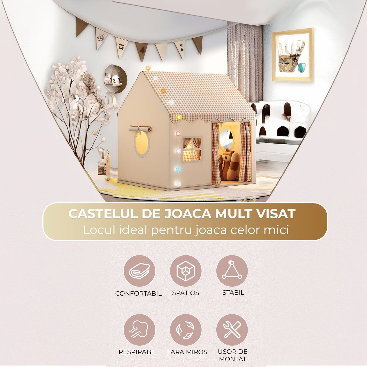 Casuta de Joaca pentru Copii, Cort Pliabil Tip Casa, Asamblare Rapida, Bej
