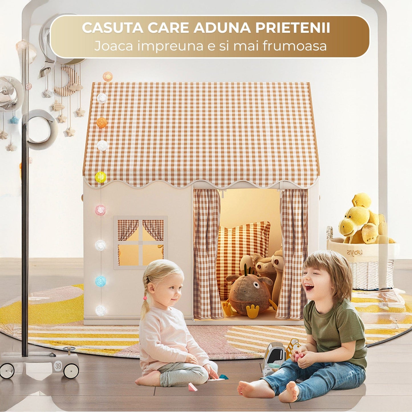 Casuta de Joaca pentru Copii, Cort Pliabil Tip Casa, Asamblare Rapida, Bej