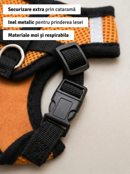 Set ham mesh respirabil pentru căței + lesă 1.5m, ajustare rapidă, galben