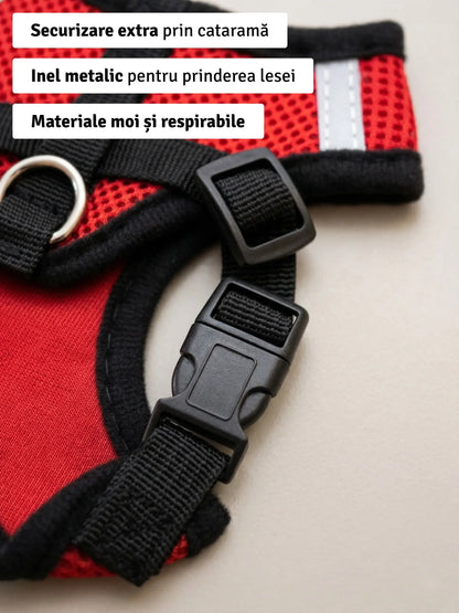 Set ham mesh respirabil pentru căței + lesă 1.5m, ajustare rapidă, roșu