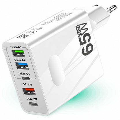 Incarcator Retea Timebox, 5 Porturi, 65W, 3 x USB, 2 x Type-C, QC 3, Alb