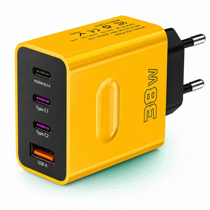 Incarcator Retea Timebox, 4 Porturi, 38W, 3 x Type-C, 1 x USB, Galben