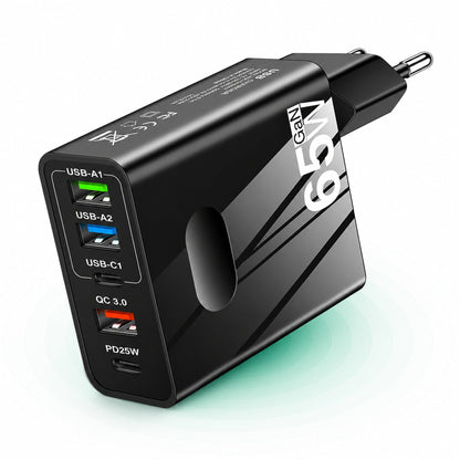 Incarcator Retea Timebox, 5 Porturi, 65W, 3 x USB, 2 x Type-C, QC 3, Negru
