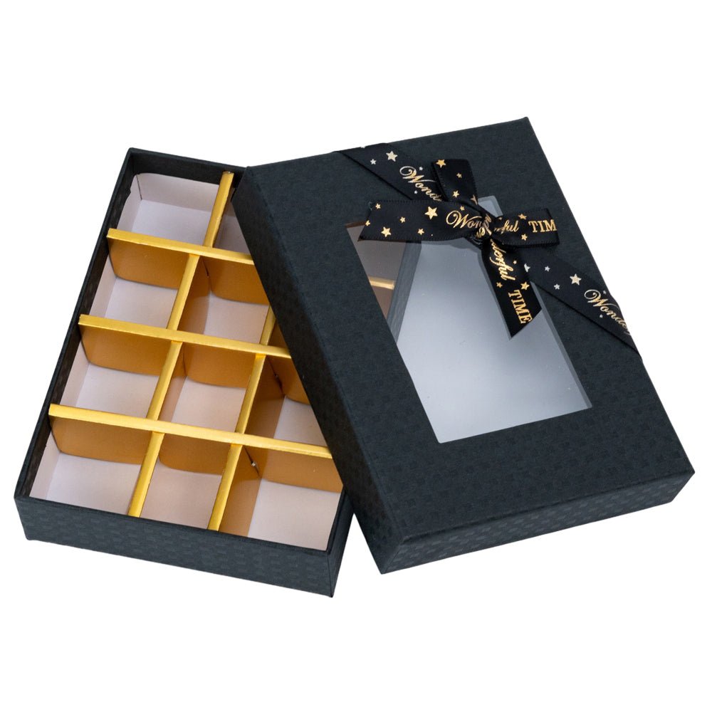 Cutie cadou din hârtie cu 12 compartimente, fereastră și panglică - negru (set 2 buc) - 16x12x4cm