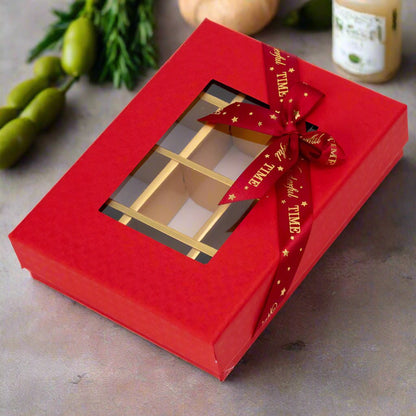 Cutie cadou din hârtie cu 12 compartimente, fereastră și panglică - roșu (set 2 buc) - 16x12x4cm