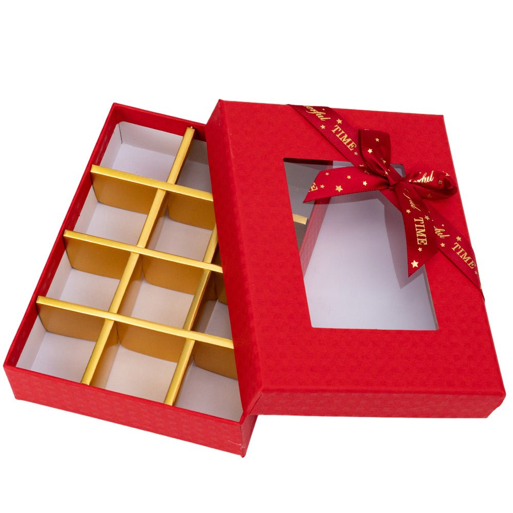 Cutie cadou din hârtie cu 12 compartimente, fereastră și panglică - roșu (set 2 buc) - 16x12x4cm