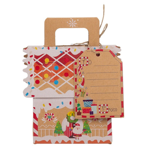 Cutie căsuță de Crăciun cu mâner sfoară și etichetă - kraft (set 25 buc)