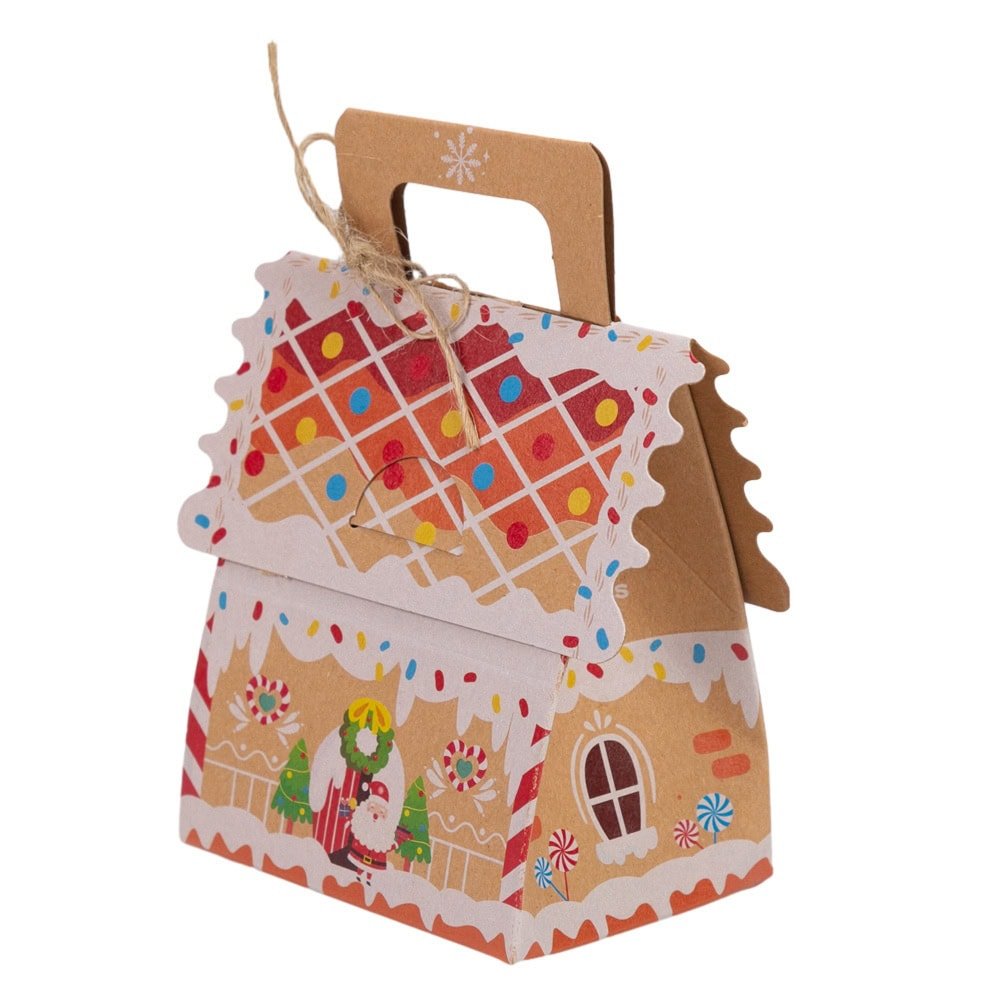 Cutie căsuță de Crăciun cu mâner sfoară și etichetă - kraft (set 25 buc)