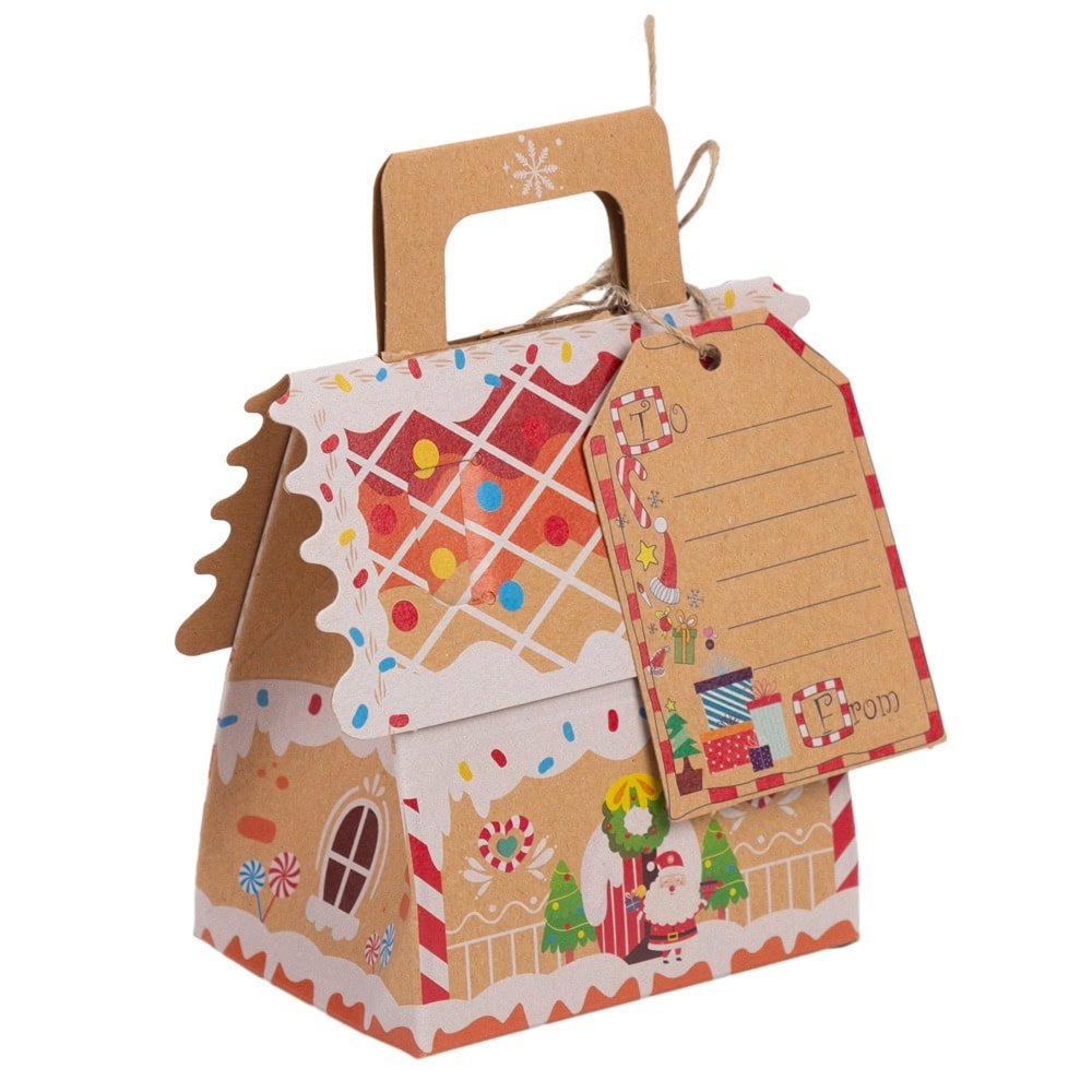 Cutie căsuță de Crăciun cu mâner sfoară și etichetă - kraft (set 25 buc)