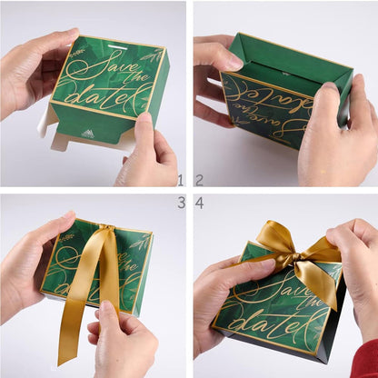 Cutie cu fundă satinată și mesaj Save the date - verde (set 50 buc)