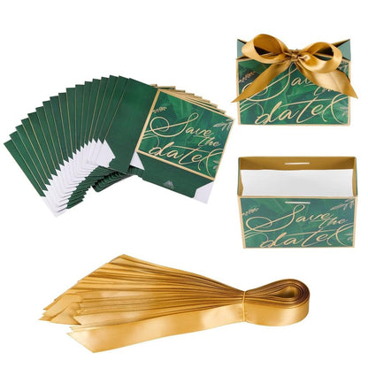 Cutie cu fundă satinată și mesaj Save the date - verde (set 50 buc)