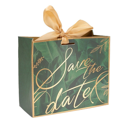 Cutie cu fundă satinată și mesaj Save the date - verde (set 50 buc)